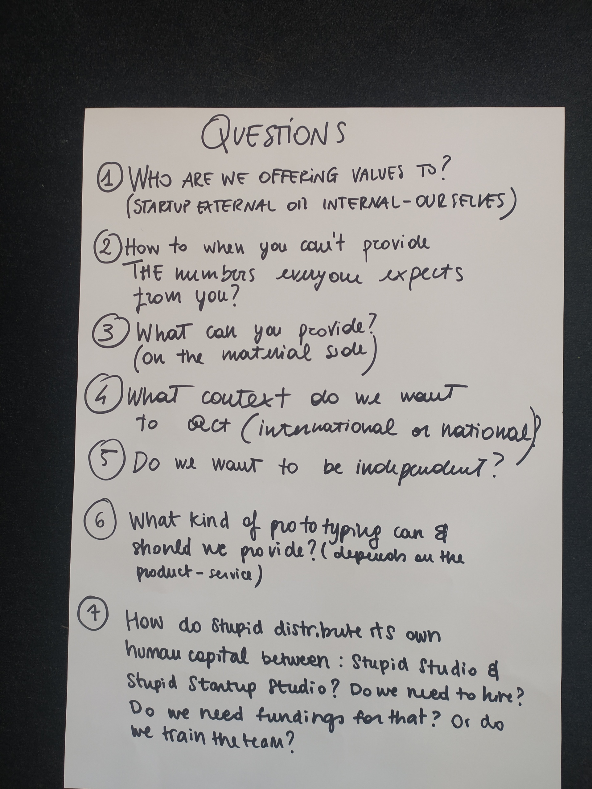 Workshop for the client: Reflecting on relevant questions to communicate the vision of the Startup Studio